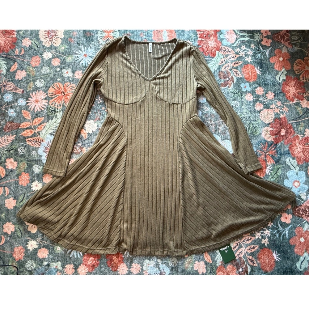 Halara Ribbed V-Neck Long Sleeve Mini Skater Dress Olive Green Large NWT